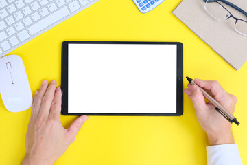 Tablet computer with isolated screen. Business workplace with computer and wireless mouse and keyboard. business objects