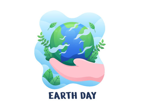 Earth day illustration vector. Human hands holding a floating globe in space. Save our planet. International Mother Earth Day. Environmental problems and environmental protection.