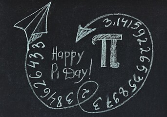 the number pi is drawn in chalk on the blackboard. international pi day