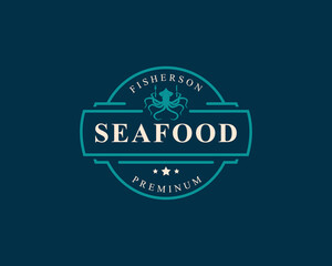 Fototapeta na wymiar Vintage Retro Badge Seafood Fish Market and Restaurant Emblem Template Silhouettes Typography Logo Design