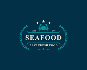 Vintage Retro Badge Seafood Fish Market and Restaurant Emblem Template Silhouettes Typography Logo Design