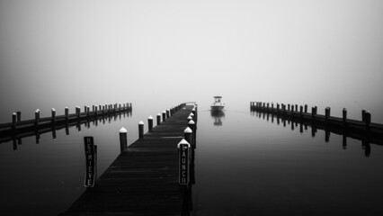 Boat dock in fog