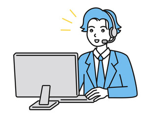 カスタマーサポート。パソコンの前でヘッドセットを着けた男性。コールセンターのコンセプトイラスト。