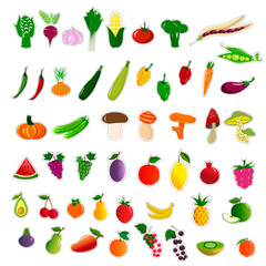 Collection of stickers with vegetables, mushrooms and fruits. Vector illustration. For use in products, food stores, markets, labels, packaging, prints and logos.