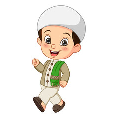 Happy muslim boy cartoon walking