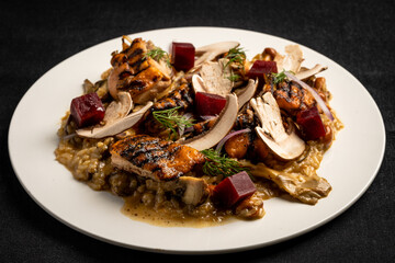 risotto with grilled chicken, vegetables and mushroom