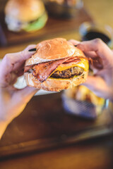 Hamburger with bacon close up