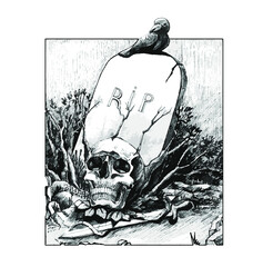 RIP gravestone, skull, raven and stones. Black and white illustration in engraving technique. Halloween background.