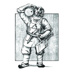 Cook, black and white character drawing in cartoon style. A sea robber holds a barrel of beer or ale.