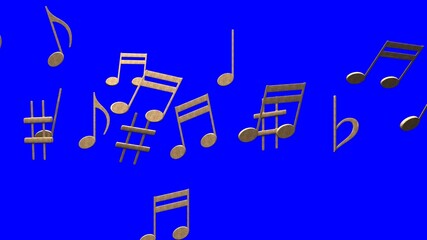 Brass musical notes on blue chroma key background.
3D illustration for background.
