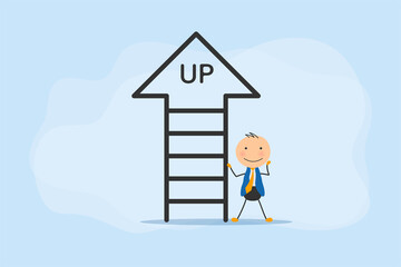 Businessman try to achieve success, enhance career development, accelerate business growth concept, generate new idea, project, leadership, innovation. People climbing stairs and arrows illustration.
