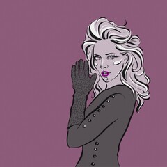 Woman with wavy hair, red lips and gray gloves.