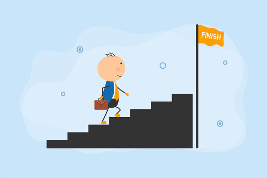 Businessman Try To Achieve Success, Enhance Career Development, Accelerate Business Growth Concept, Generate New Idea, Project, Leadership, Innovation. People Climbing Stairs And Arrows Illustration.