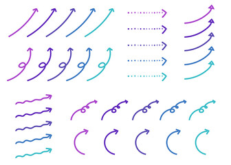 手書きの矢印イラスト素材　くるくる矢印　くるりん矢印　点線　寒色