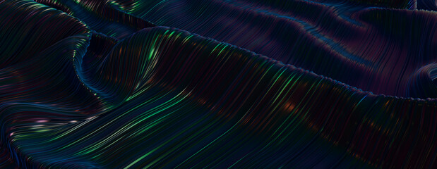 Black Wallpaper with Iridescent Neon Accents. Undulations and Swirls create a Futuristic Surface Texture.