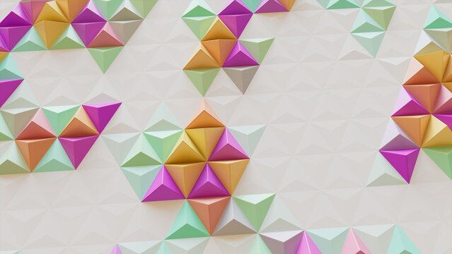 Multicolored Polygonal Surface with Triangular Pyramids. High Tech, Vibrant 3d Background.