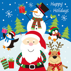 Obraz na płótnie Canvas christmas card with santa, snowman, penguin, reindeer, sleigh and gifts