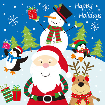christmas card with santa, snowman, penguin, reindeer, sleigh and gifts