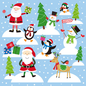 christmas card with santa, snowman, penguin, reindeer, sleigh and gifts