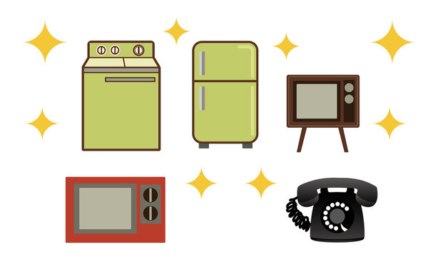 昭和レトロ・家電・三種の神器冷蔵庫・洗濯機・白黒テレビ・おまけの黒電話