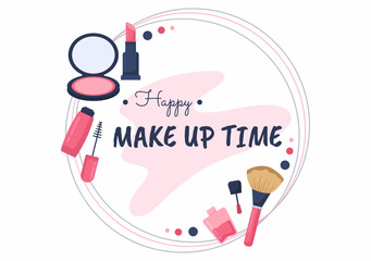 Make Up Cosmetics Collection of Glamour Girl Like Nail Polish, Mascara, Lipstick, Eyeshadows, Brush or Powder in Flat Cartoon Vector Illustration