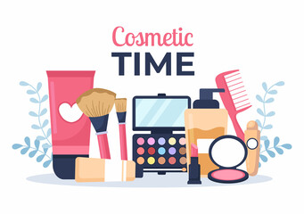 Make Up Cosmetics Collection of Glamour Girl Like Nail Polish, Mascara, Lipstick, Eyeshadows, Brush or Powder in Flat Cartoon Vector Illustration