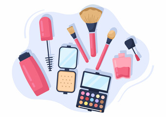 Make Up Cosmetics Collection of Glamour Girl Like Nail Polish, Mascara, Lipstick, Eyeshadows, Brush or Powder in Flat Cartoon Vector Illustration