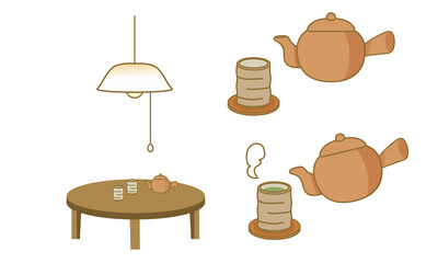 ちゃぶ台と急須と湯呑ひも付き照明・昭和レトロ・お茶を注いでいるイラスト