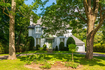 Obraz premium luxury house with garage door, big tree and nice spring blossom
