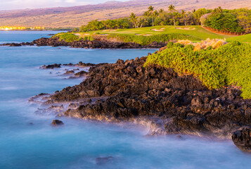 Golf Course Along the Volcanic Shoreline of Kaunaoa Bay, Hawaii Island, Hawaii, USA