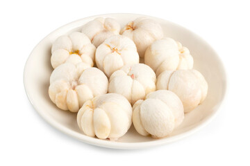 Peeled Fresh Organic Mangosteens on white plate isolated on white background. Mangosteen is the Queen of Fruit of Thailand. Clipping path