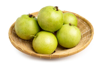 Fresh Organic Raw Thai Guava in a wicker basket isolated on white background. Clipping path