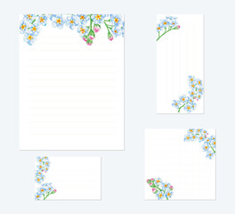 stationery set with hand painted watercolor illustration of forget me not, for letter, memo, card