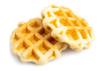  A Couple of Freshly Baked Round Butter Waffles, Belgian breakfast pastry dessert, isolated on white background. Clipping path.