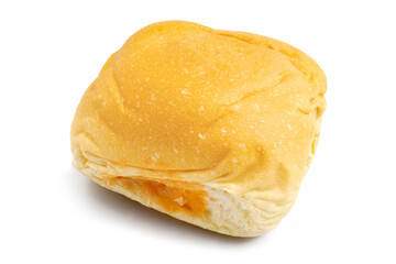 Close up of soft bun stuffed with sweet egg custard, Thai dessert custard bun isolated on white background. Clipping path.