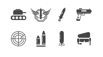 Set of thin line icons for military and army war. 