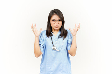 Angry Gesture Of Asian Young Doctor Isolated On White Background