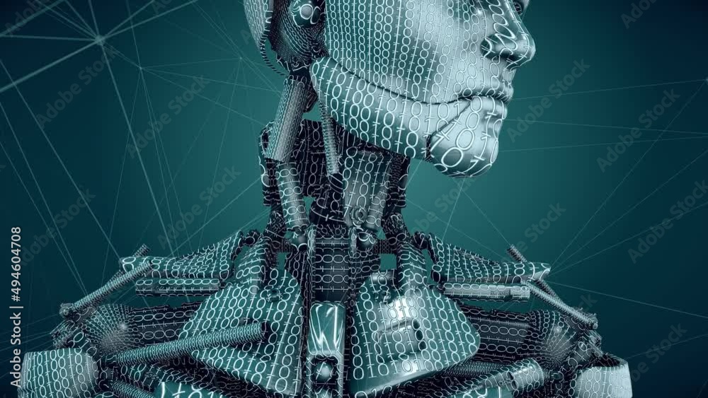Poster android robot with binary codes. high quality 4k footage