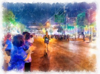 Street sports spectators of the marathon watercolor style illustration impressionist painting.