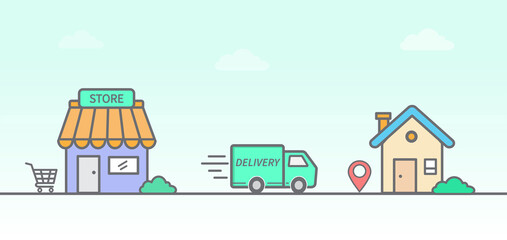 Delivery truck from store go to home. service shipment. Online order tracking. Concept of express delivery. Flat design style. Vector illustration.