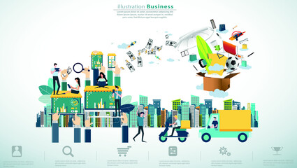 Online shopping  with Ordering, Pay, Product delivery  -  Creativity modern Idea and Concept illustration vector.