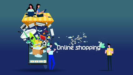 Online shopping  with Ordering, Pay, Product delivery  -  Creativity modern Idea and Concept illustration vector.