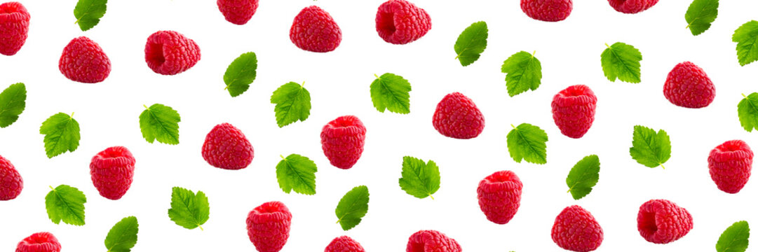 Raspberries abstract background. Fruit pattern of colorful wild berries isolated on white background. Raspberries, blackberry and brumble. Top view. Flat lay banner