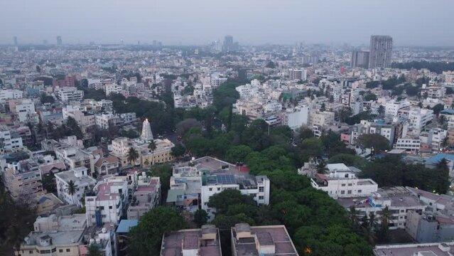 Bangalore, India 14th March 2022:  An aerial shot of Sajjan Rao Circle, VV Puram, Bangalore. Visveswarapura. The capital city of Karnataka drone view. The megacity of India. Cosmopolitan city.