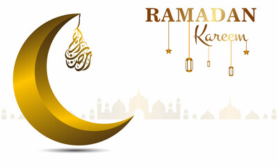 Ramadan Kareem Design. Ramadan illustration with golden half moon 3D and hanging ramadan kareem calligraphy. on a white background for the celebration of the holy month Ramadan. 