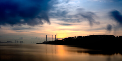 Singapore Sunrise over Water Power Plant Johor Strait