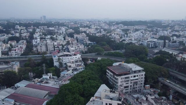 Bangalore, India 14th March 2022:  An aerial shot of Sajjan Rao Circle, VV Puram, Bangalore. Visveswarapura. The capital city of Karnataka drone view. The megacity of India. Cosmopolitan city.