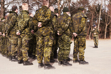 Obeying their superior. A group of soldiers at attention.