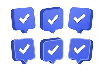 3D Yes check mark blue rectangle icon design ilustration collection vector. Like correct positive response button mobile app element.