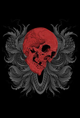 Dark art Skull Demon Head human red color with Ornament Art work Illustration Black art